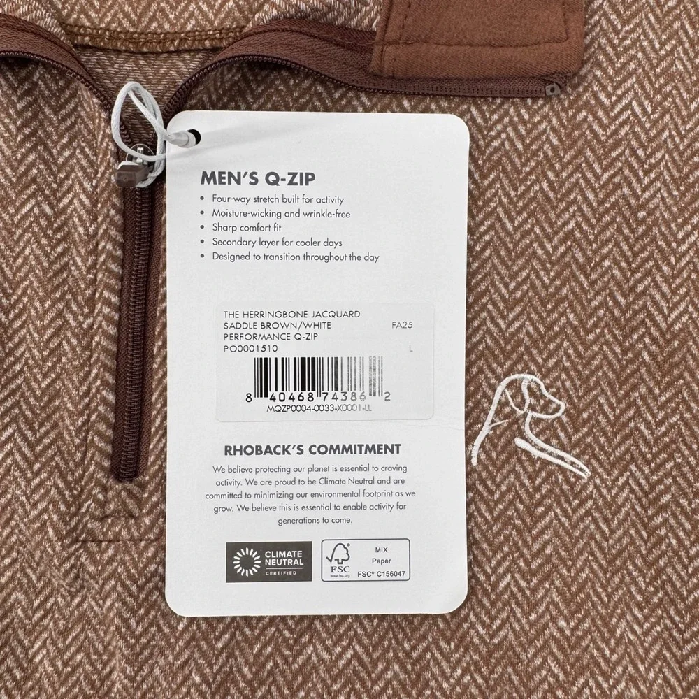 Rhoback Q-Zip Pullover Mens Large Brown Herringbone Jacquard Performance 1/4 Zip
